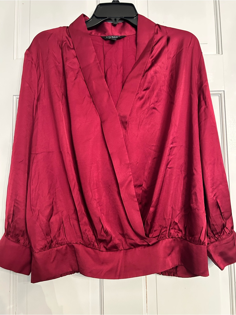 Liverpool Satin Wrap-Style Blouse in Deep Red large